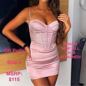 Oh Polly Pink Rhinestone Embellished Bustier Mini Dress Sweetheart Neckline! NEW